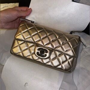 RARE Chanel Mini Classic Flap rose gold lambskin black hardware NWT